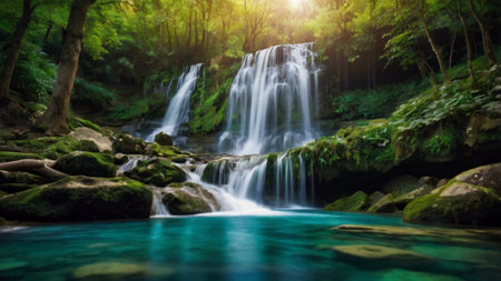 Beautiful waterfall in deep forest at Erawan waterfall National Park, Kanchanaburi, Thailandの写真素材