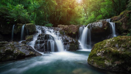Waterfall in deep forest at Phu Soi Dao National Park, Thailandの写真素材