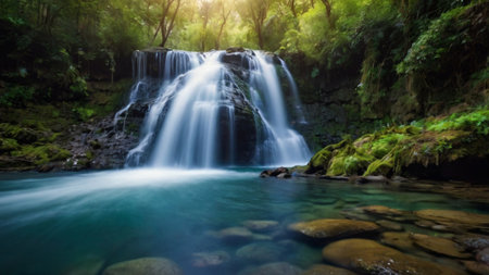 Panoramic view of the beautiful waterfall in the deep forest.