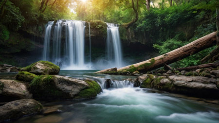 Beautiful waterfall in deep forest. Panoramic view of beautiful waterfall in deep forest.の写真素材