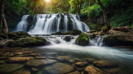 Beautiful waterfall in tropical forest, Thailand. Long exposure shot.