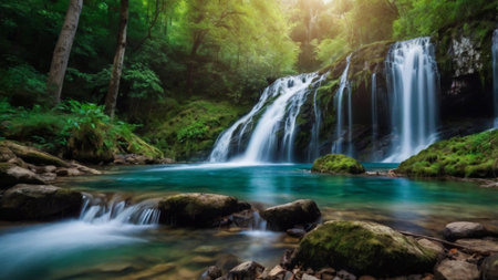 Beautiful waterfall in deep forest at Erawan waterfall National Park, Kanchanaburi, Thailandの写真素材