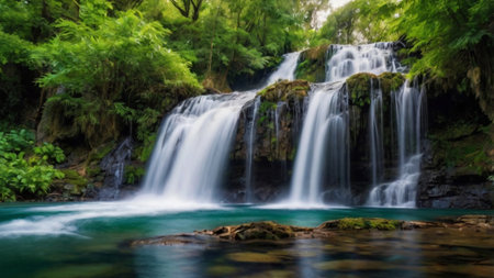 Panorama of a waterfall in the rainforest of New Zealand.の写真素材