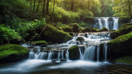Beautiful waterfall in the forest. Soft focus, long exposure.の写真素材