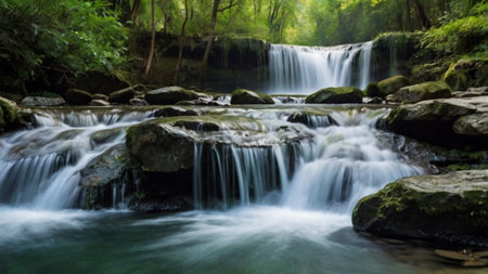 Beautiful waterfall in deep forest at Erawan waterfall National Park, Kanchanaburi, Thailand
