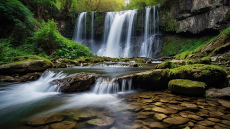 Beautiful waterfall in the forest. Panoramic view of a waterfall in the forest.