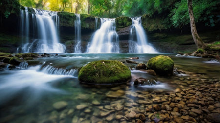 Beautiful waterfall in deep forest. Panoramic view of beautiful waterfall in deep forest.の写真素材