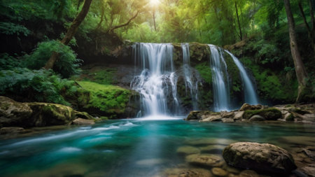 beautiful waterfall in deep forest, thailand, panoramicの写真素材