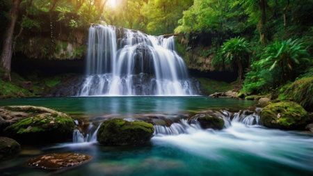 Tropical waterfall in deep forest at Erawan waterfall National Park, Kanchanaburi, Thailandの写真素材