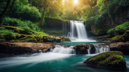 Waterfall in deep forest at Erawan waterfall National Park, Kanchanaburi, Thailandの写真素材