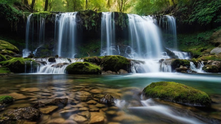 Beautiful waterfall in the deep forest. Soft focus and blur.の写真素材