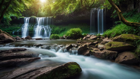 Beautiful waterfall in deep forest at Khuean Srinagarindra National Park, Kanchanaburi, Thailandの写真素材