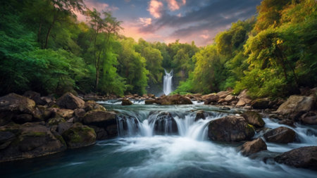 Panoramic view of beautiful waterfall in the forest at sunset timeの写真素材