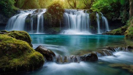 Beautiful waterfall in deep forest. Soft focus, long exposure.の写真素材
