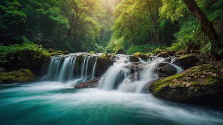 Waterfall in deep forest at Erawan National Park, Kanchanaburi, Thailandの写真素材