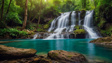 Waterfall in deep forest at Erawan waterfall National Park, Kanchanaburi, Thailandの写真素材
