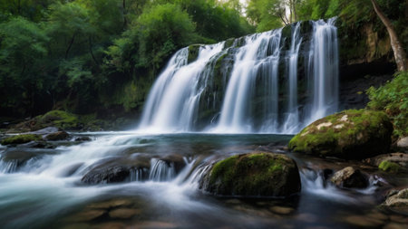 Beautiful waterfall in the forest. Long exposure photo of waterfall in the forest.の写真素材