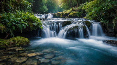 Beautiful waterfall in the forest, Thailand. Panoramic view.