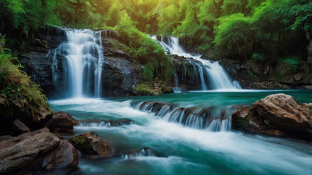 Beautiful waterfall in deep forest. Nature landscape background. Soft focus.