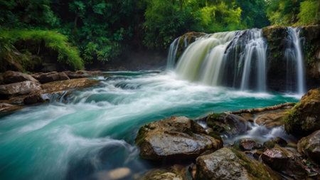 Waterfall in deep forest at Erawan National Park, Thailandの写真素材