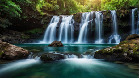 Beautiful waterfall in deep forest at Erawan waterfall National Park, Kanchanaburi, Thailandの写真素材