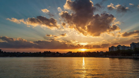 Sunset over the river in the city of Odessa, Ukraineの写真素材