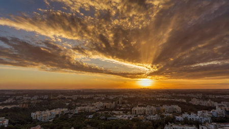 Aerial view of sunset over the city of Vilnius, Lithuaniaの写真素材