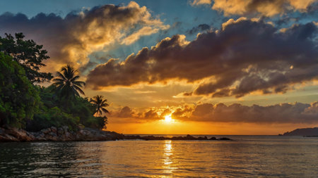 Beautiful seascape at sunset on the island of Seychellesの写真素材