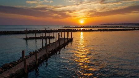 Sunset over the sea with wooden jetty in the foreground.の写真素材