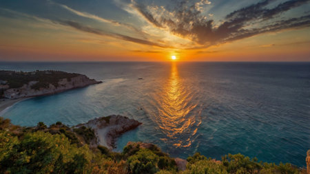 Sunset over the sea and the coastの写真素材