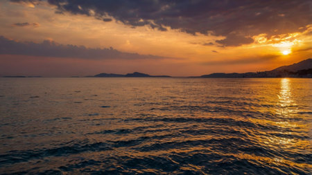 Beautiful sunset over the sea in Montenegro. Panoramic view.の写真素材