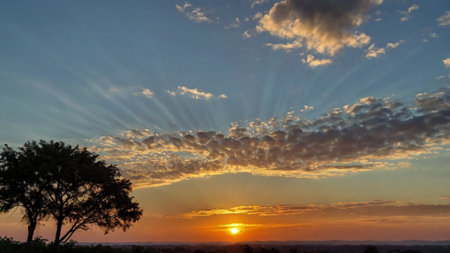 Sunset over the Okavango Delta, Botswana, Africaの写真素材