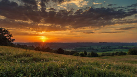 Sunset over the meadow and forest in the background, Germanyの写真素材