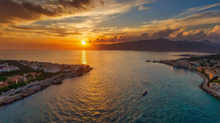 Aerial view of beautiful sunset over the sea. Panoramic image.の写真素材