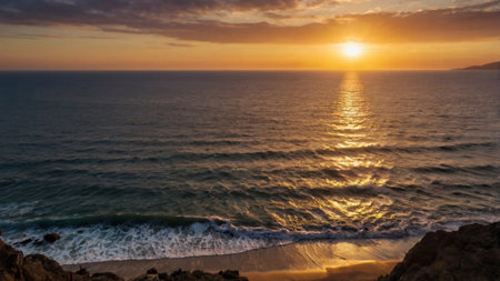 Sunset over the sea. Panoramic view of the sunset over the sea.の写真素材