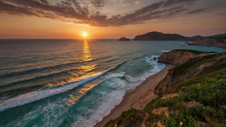 Sunset at the beach of Ponta de Sao Lourenco, Portugalの写真素材