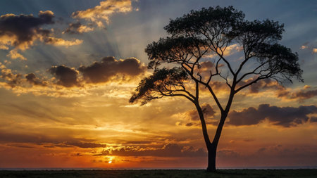 Silhouette of a tree at sunset on the Masai Mara, Kenya