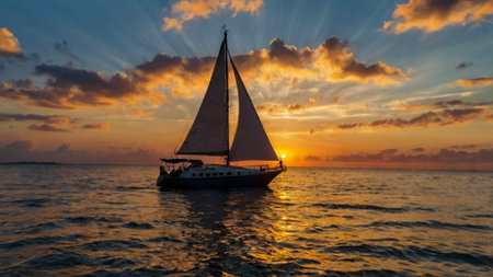 Sailing yacht in the sea at sunset.