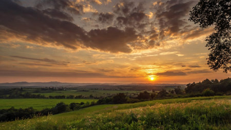 Sunset over the countryside in the summer. Rural landscape with fields and meadows.の写真素材