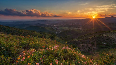 Sunset in the mountains of Crete, Greece. Panoramaの写真素材