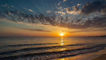 Beautiful sunset over the sea. Panoramic view of the sea at sunset.の写真素材