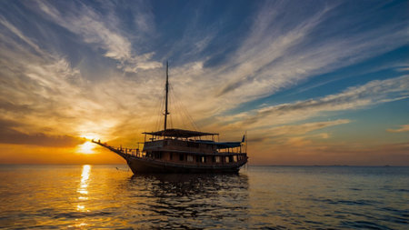 Silhouette of a wooden boat in the sea at sunset.の写真素材
