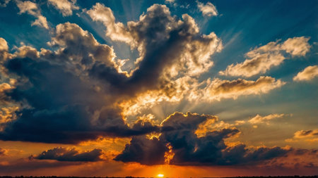 Dramatic sunset sky with clouds and sun rays. Nature backgroundの写真素材