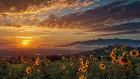 Sunflowers at sunset in Sicily, Italy. Sunset over the city.の写真素材