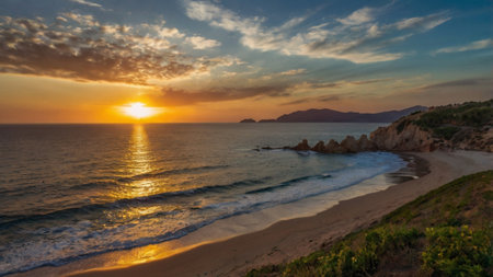 Sunset on the beach in Algarve, Portugalの写真素材