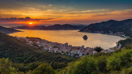 Panoramic view of Kotor bay at sunset, Montenegroの写真素材