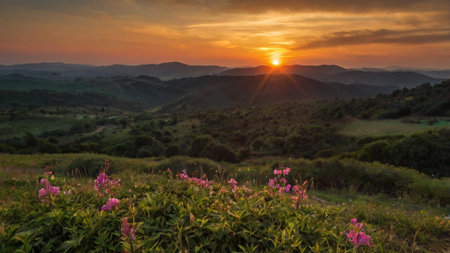 Beautiful sunset in the mountains. Landscape with flowers on the hills.の写真素材