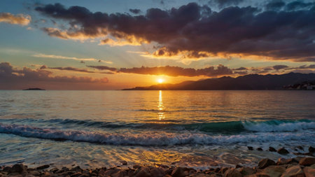Sunset over the sea in Kefalonia, Greece.の写真素材