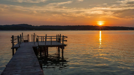 Wooden jetty on the lake at sunset. Nature composition.の写真素材