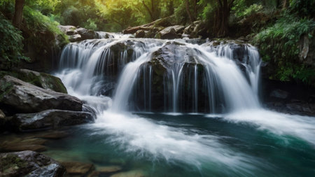 Beautiful waterfall in the forest, Kanchanaburi, Thailandの写真素材